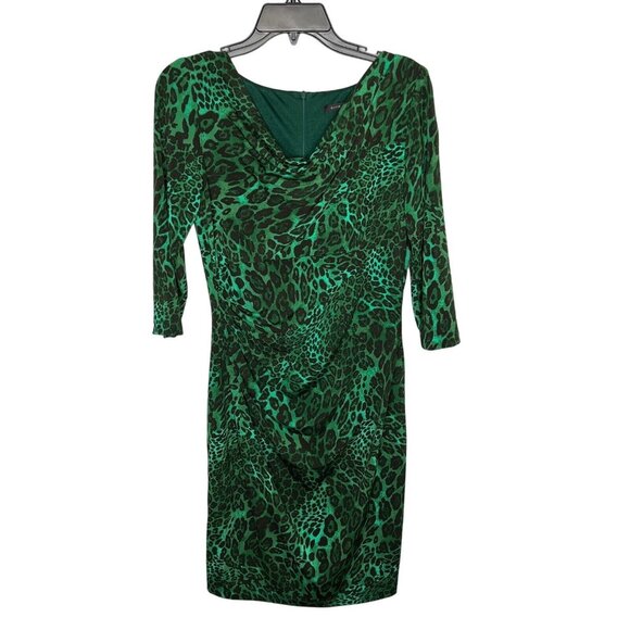 David Meister Dress Women's Sz 6 Green Black Animal Print Career Sheath Ruched - Picture 1 of 12